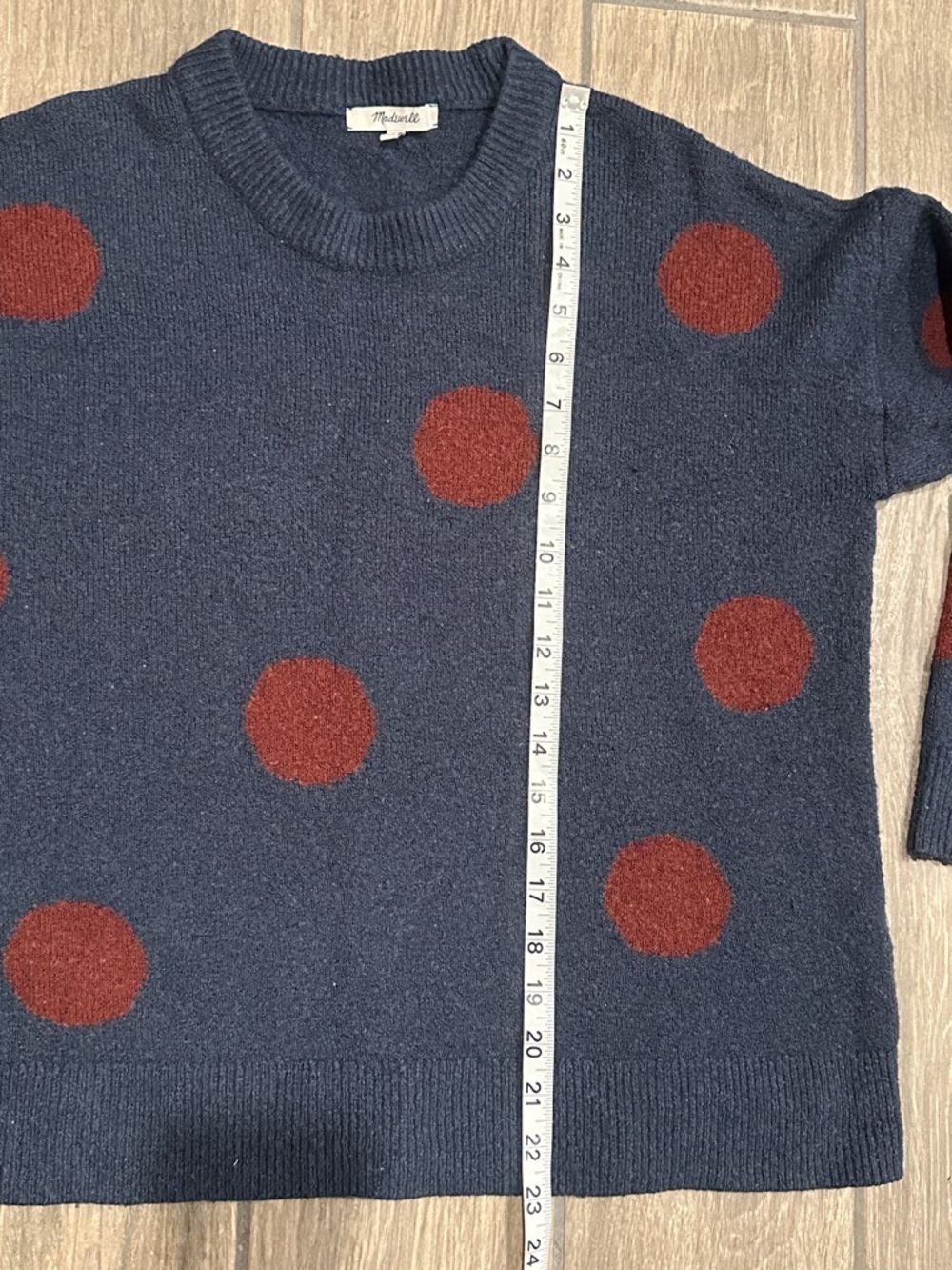 Madewell Navy Crewneck Sweater with Rust Polka Dots. Wool Blend. Size Small - Picture 6 of 8